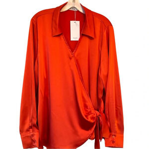 NWT Women’s Plus Sized Satin Wrap Blouse Women's Long Sleeve Elegant Tie Waist